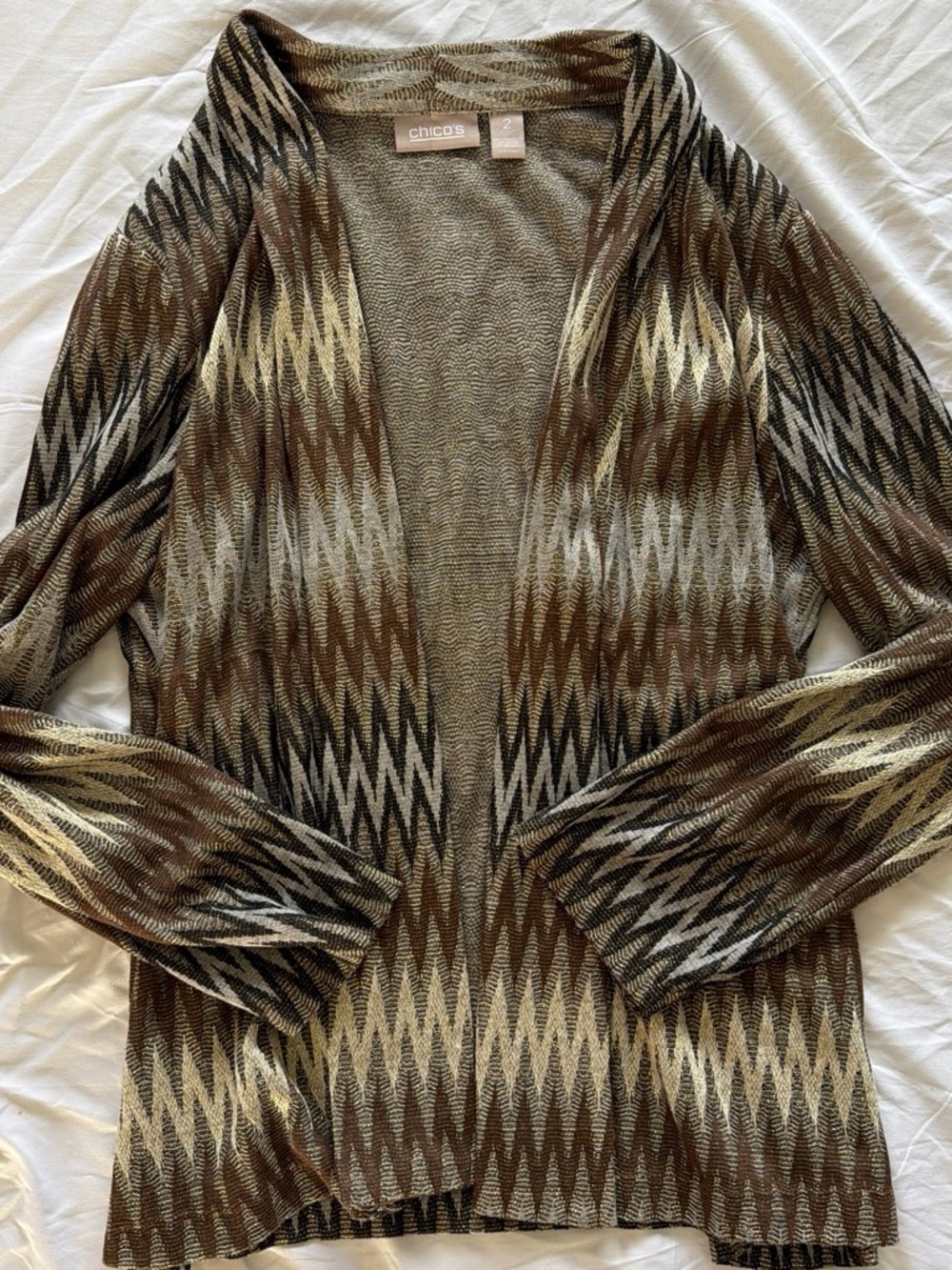 Chico's Brown Tan Cream Zigzag Open-Front Cardigan